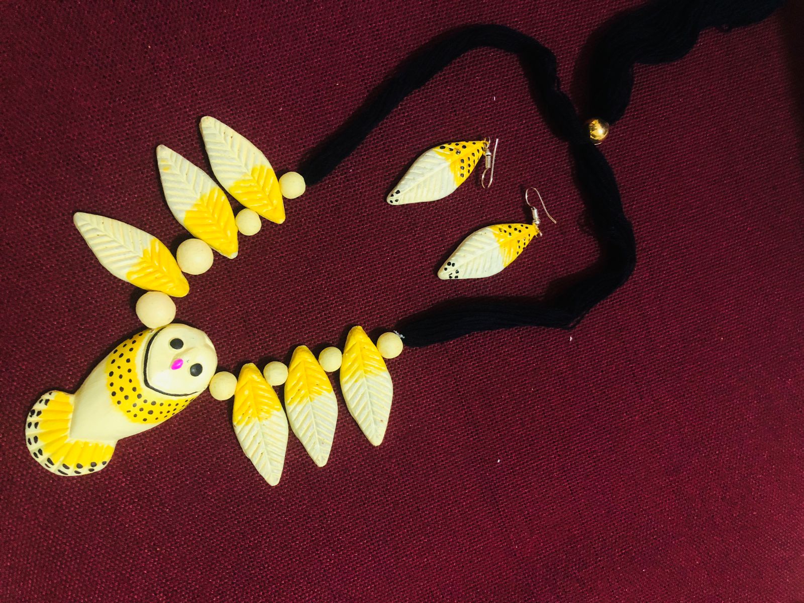 Terracotta Necklace Set | Yellow Owl Pendant with Leaf Motifs & Earrings | Tribal Ethnic Jewelry for Women | Eco-Friendly Handmade Accessory| Eco-Friendly Handmade by KALA FASHION