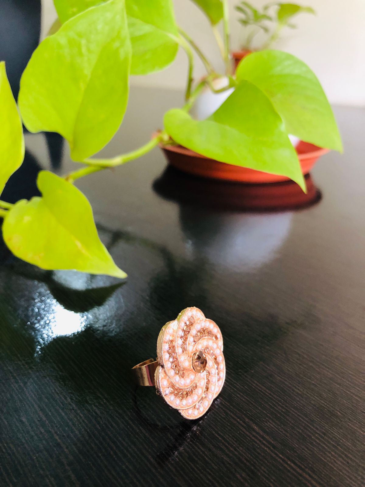 Rose Flower Pearl Finger Ring | Adjustable | Gold Tone | Eco-Friendly Handmade by KALA FASHION