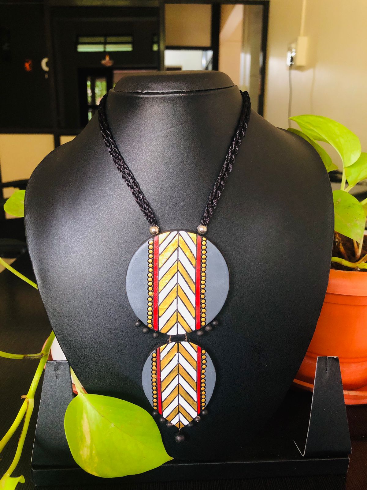 Terracotta Necklace Set | Tribal Chevron Pendant with Earrings | Yellow-White-Red on Grey | Eco-Friendly Ethnic Jewelry for Women | Eco-Friendly Handmade by KALA FASHION
