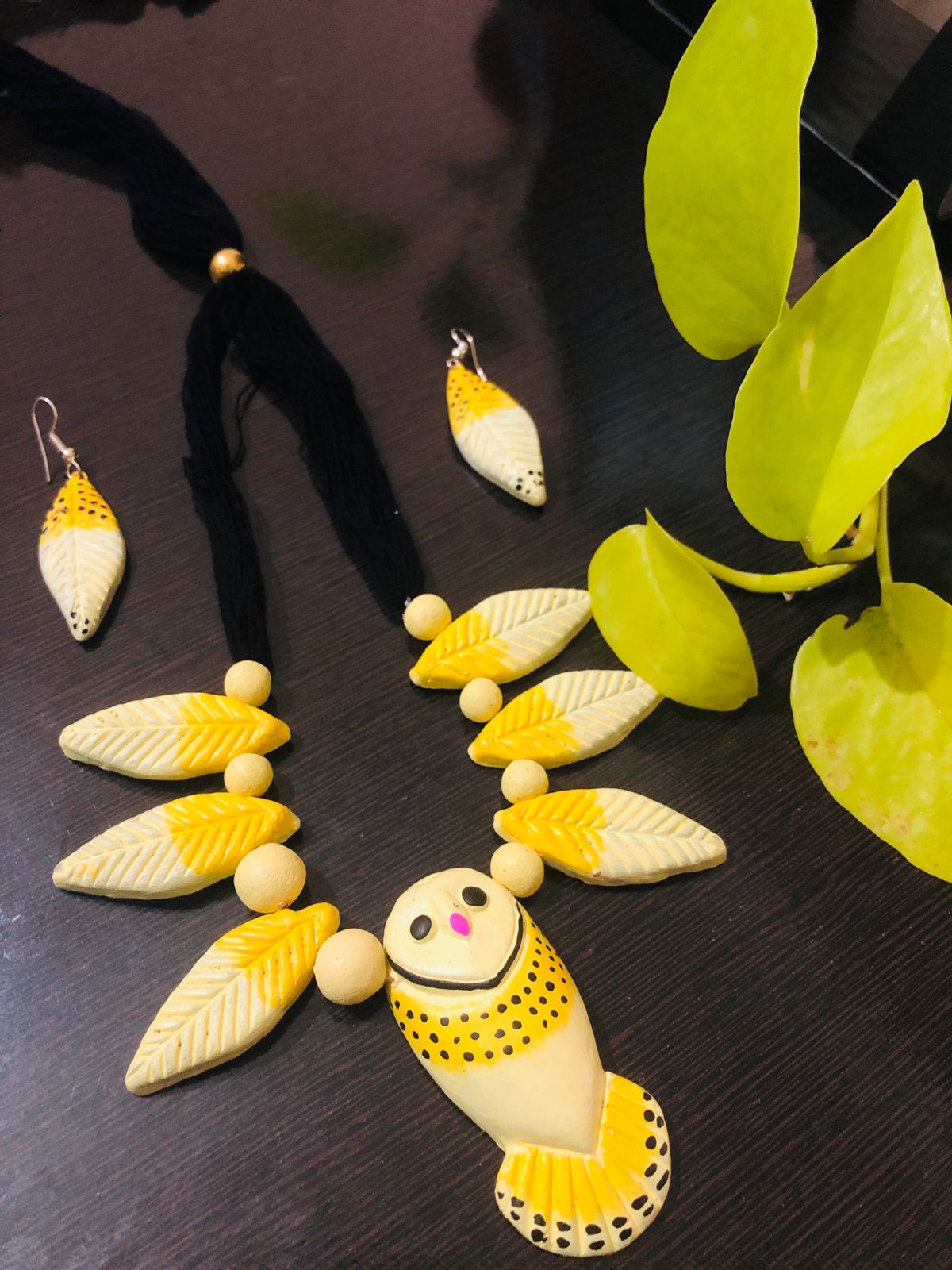 Terracotta Necklace Set | Yellow Owl Pendant with Leaf Motifs & Earrings | Tribal Ethnic Jewelry for Women | Eco-Friendly Handmade Accessory| Eco-Friendly Handmade by KALA FASHION