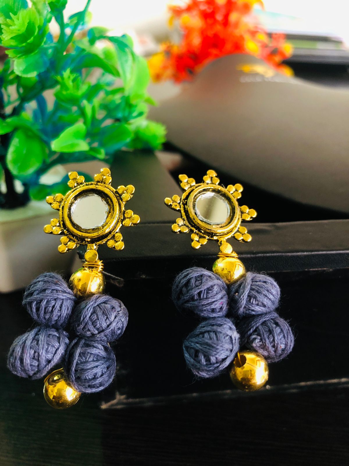 Mirror and Thread Ball Ethnic Earrings – Handcrafted Elegance by Kala Fashion| Eco-Friendly Handmade by KALA FASHION