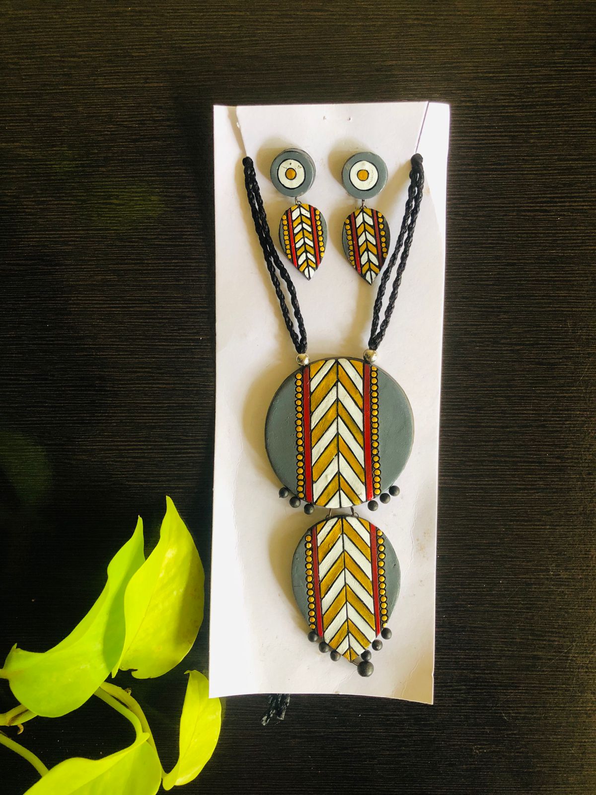 Terracotta Necklace Set | Tribal Chevron Pendant with Earrings | Yellow-White-Red on Grey | Eco-Friendly Ethnic Jewelry for Women | Eco-Friendly Handmade by KALA FASHION