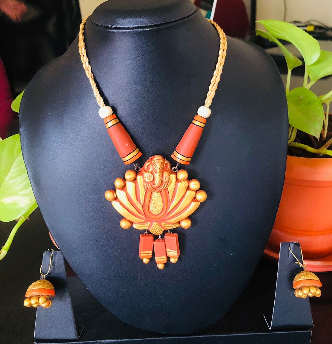 Handcrafted Terracotta Necklace Set with Lord Ganesha Pendant | Golden & Terracotta Orange | Traditional Ethnic Jewelry for Women | Earrings Included | Eco-Friendly Handmade by KALA FASHION