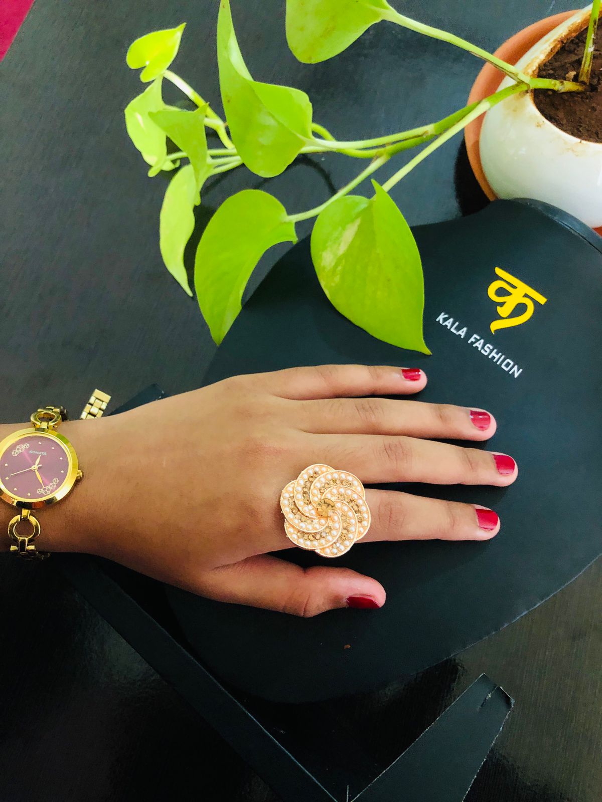 Rose Flower Pearl Finger Ring | Adjustable | Gold Tone | Eco-Friendly Handmade by KALA FASHION
