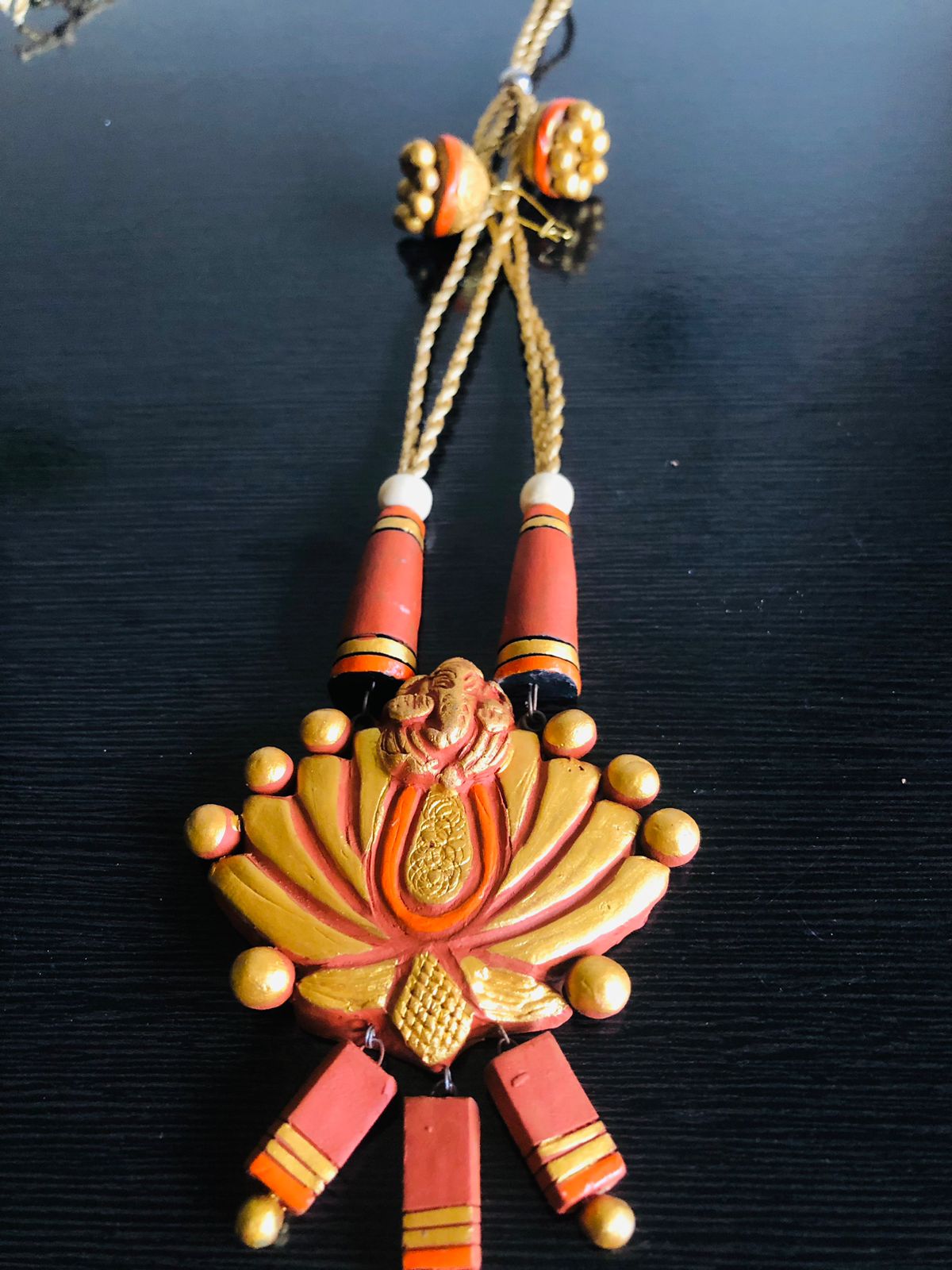 Handcrafted Terracotta Necklace Set with Lord Ganesha Pendant | Golden & Terracotta Orange | Traditional Ethnic Jewelry for Women | Earrings Included | Eco-Friendly Handmade by KALA FASHION