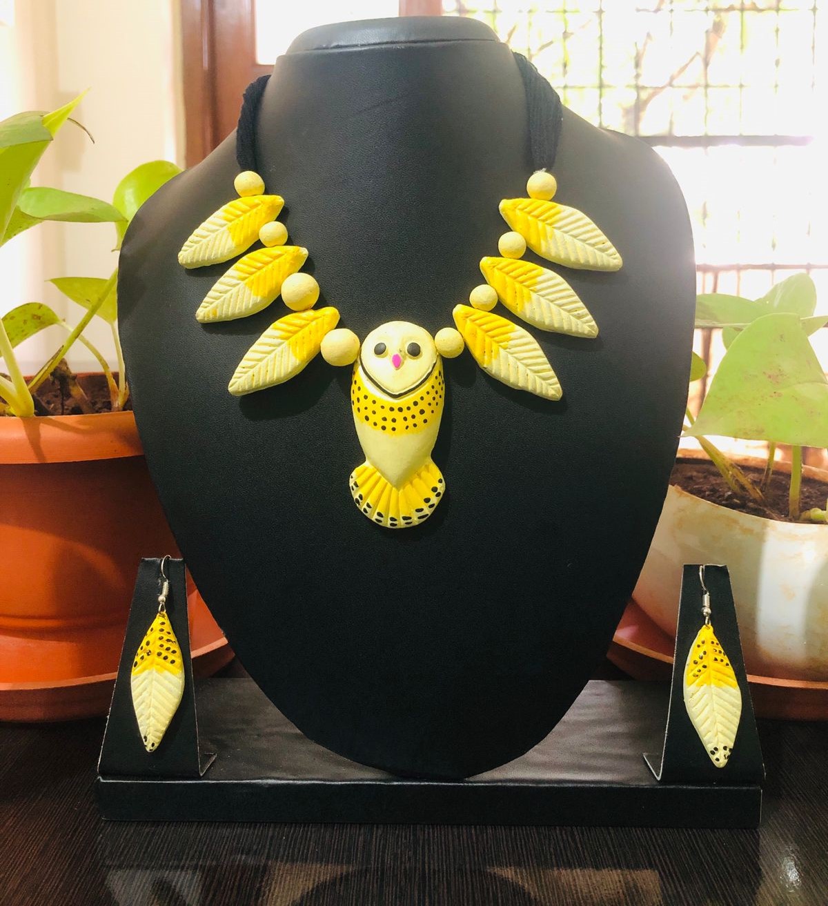 Terracotta Necklace Set | Yellow Owl Pendant with Leaf Motifs & Earrings | Tribal Ethnic Jewelry for Women | Eco-Friendly Handmade Accessory| Eco-Friendly Handmade by KALA FASHION