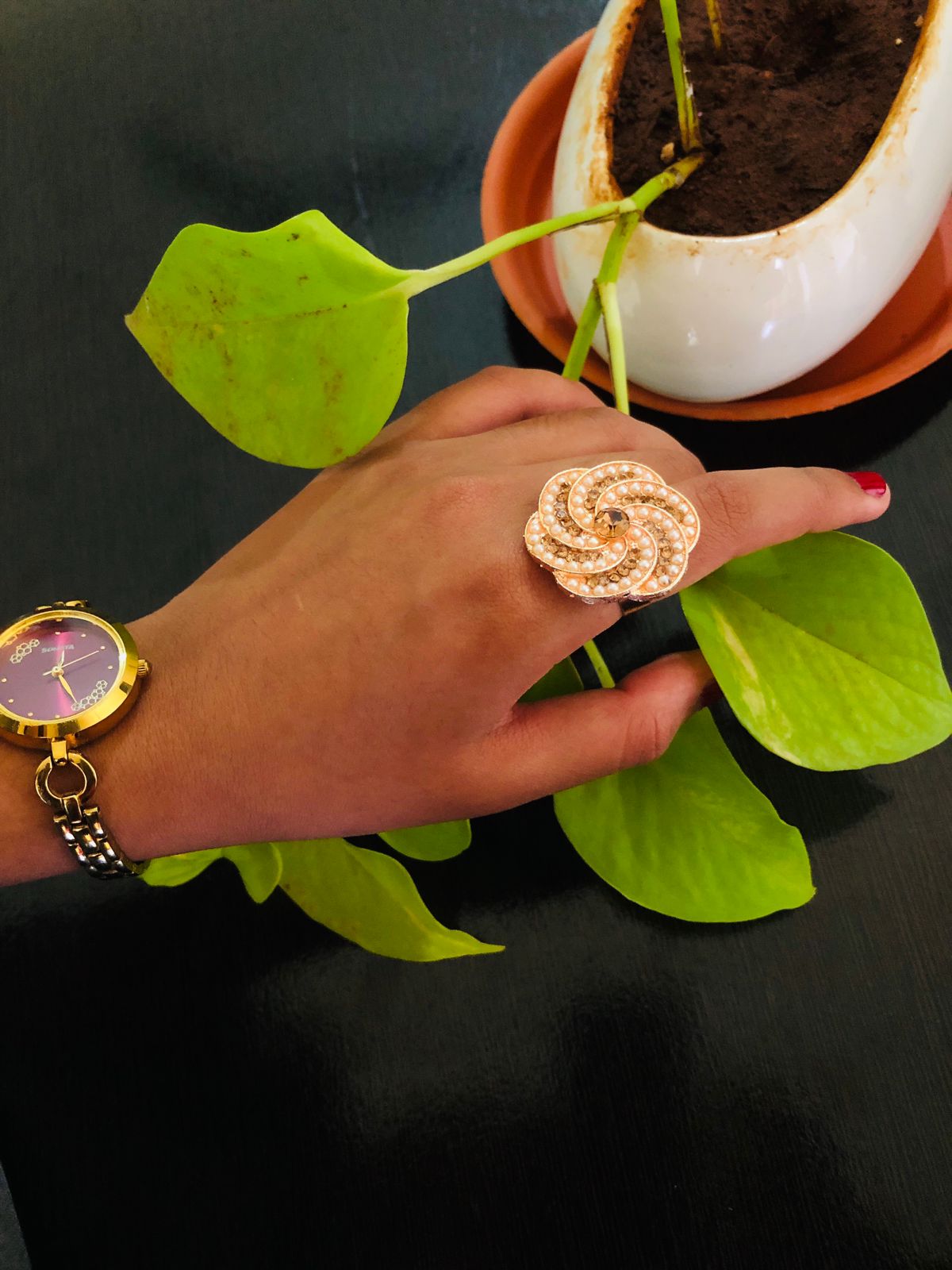 Rose Flower Pearl Finger Ring | Adjustable | Gold Tone | Eco-Friendly Handmade by KALA FASHION
